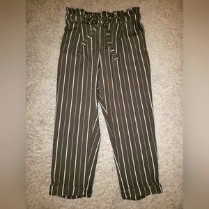 Olive & White striped paperbag waist pants